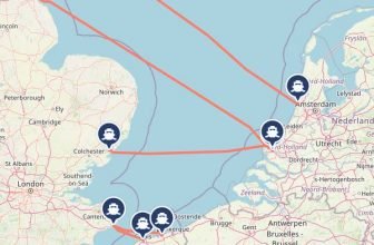 Map with the routes for ferries from the UK to Belgium via the Netherlands and France