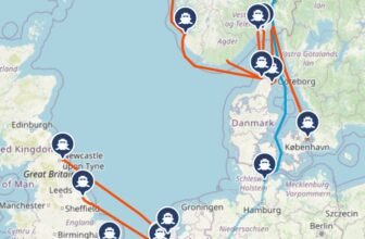 The routes from England to Norway visualized in a map of ferrygogo