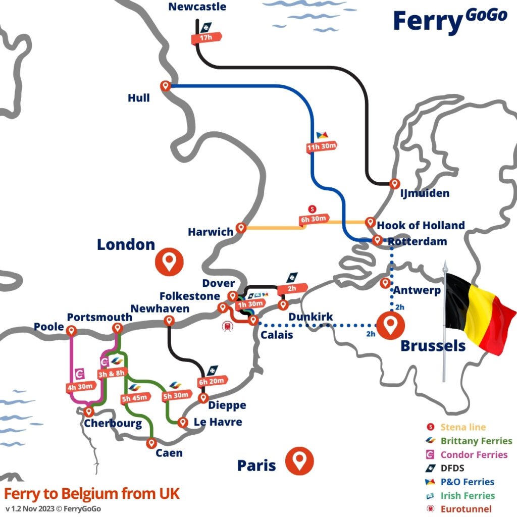 Visualization of all the ferry routes getting you to Belgium