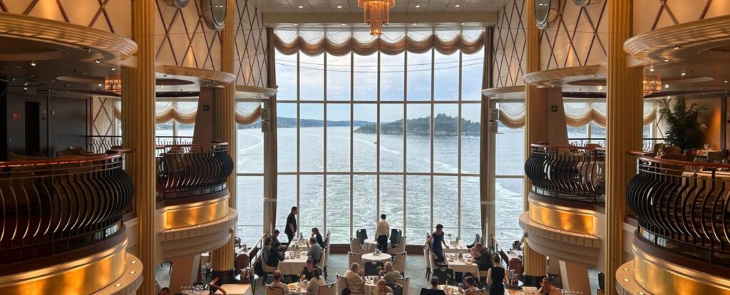 On board view out of the restaurant of Color Fantasy ferry to Norway from Kiel
