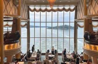 On board view out of the restaurant of Color Fantasy ferry to Norway from Kiel