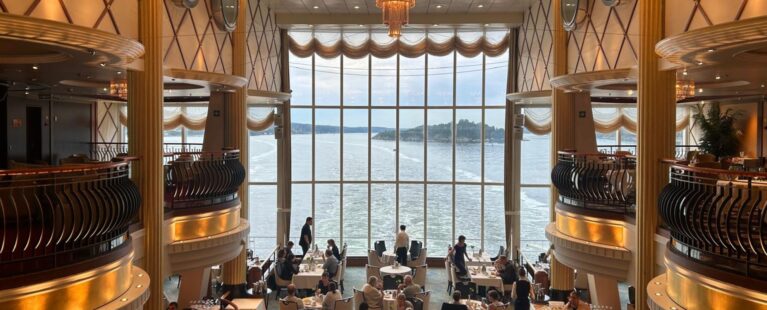 On board view out of the restaurant of Color Fantasy ferry to Norway from Kiel