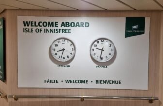 A clock with the difference in time and on board time calais dover ferry - irish ferries