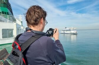 Jelle making a photograph of the P&O Ferries vessel sailing by