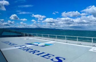 arrival in Ireland with the Irish Ferries logo on the deck of the ferry