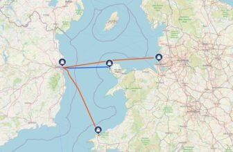 Liverpool Birkenhead ferry map. Pictured are the crossings from Liverpool, Holyhead and Fishguard to Dublin