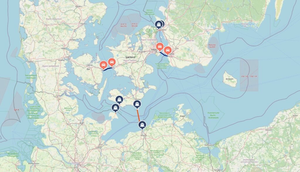 A map with Rostock-Gedser, Puttgarden-Rodby crossings + alternatives and combinations for a trip to Sweden via Denmark