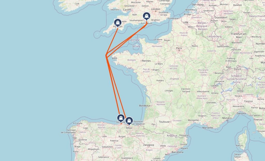 Ferries to Spain from the UK route map