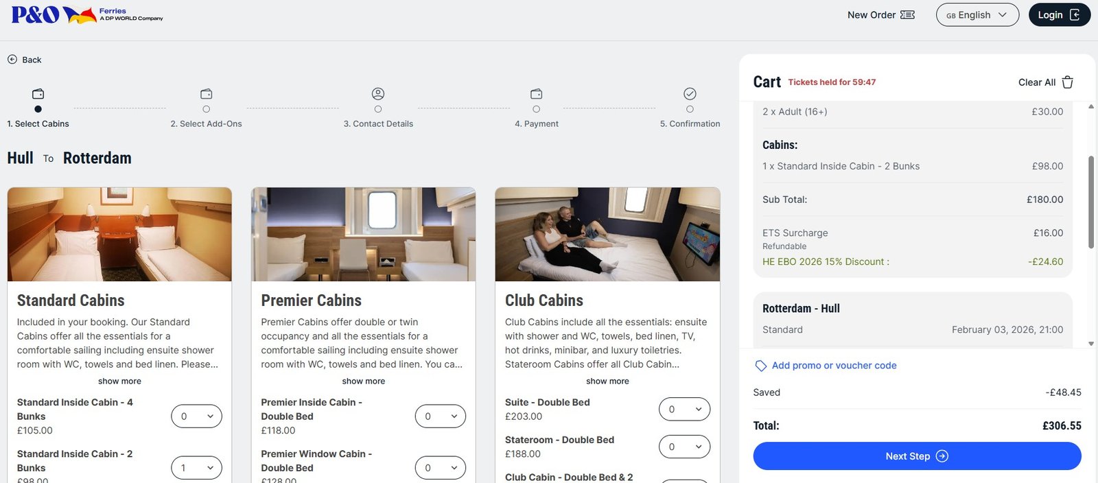 Early bird booking offer P&O Ferries and promo or voucher code field