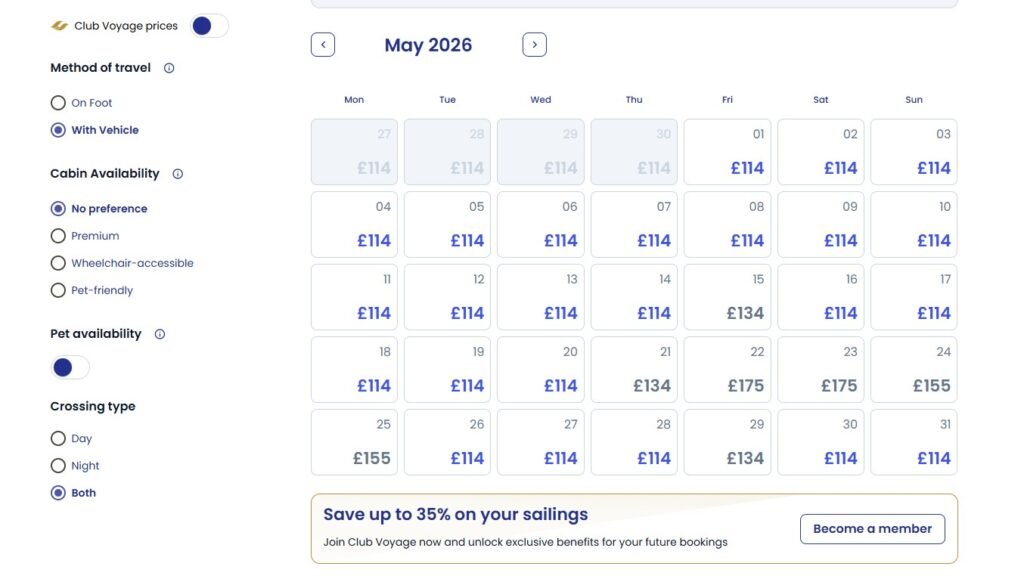 Brittany Ferries low fare calendar