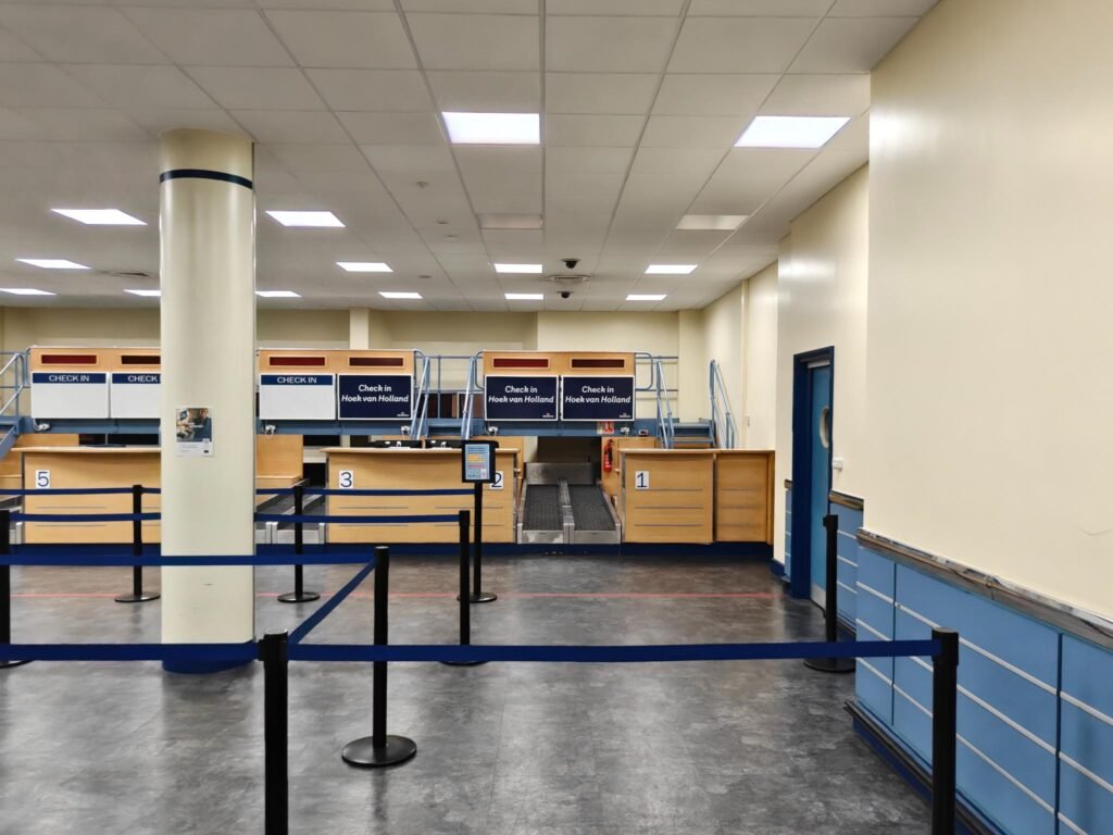Check-in desk at Harwich terminal