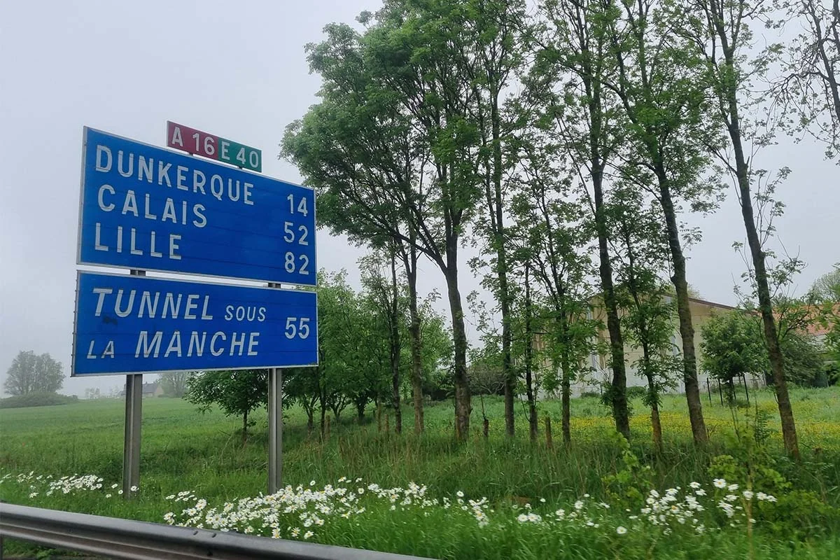 Signs for the Channel Tunnel and LeShuttle near Calais