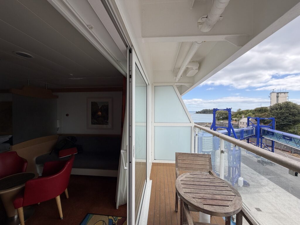 Private balcony of our four-berth Commodore cabin aboard Pont-Aven
